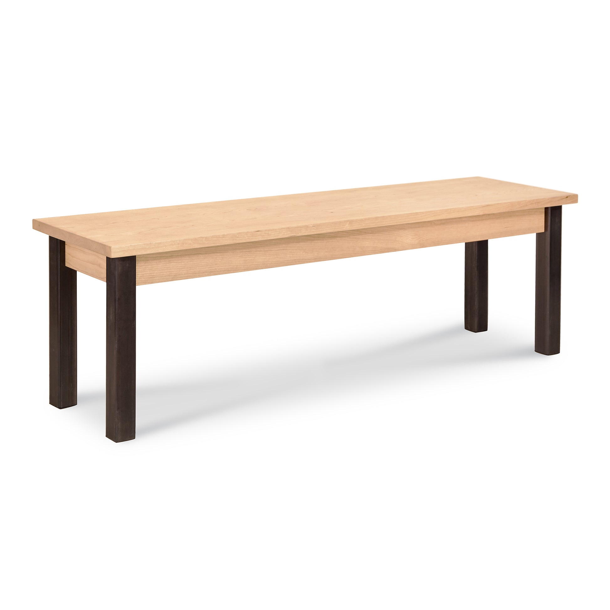 A wooden bench with black legs on a white background.