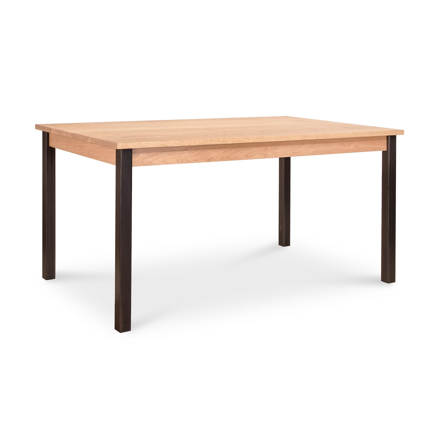 A wooden table with black legs on a white background.