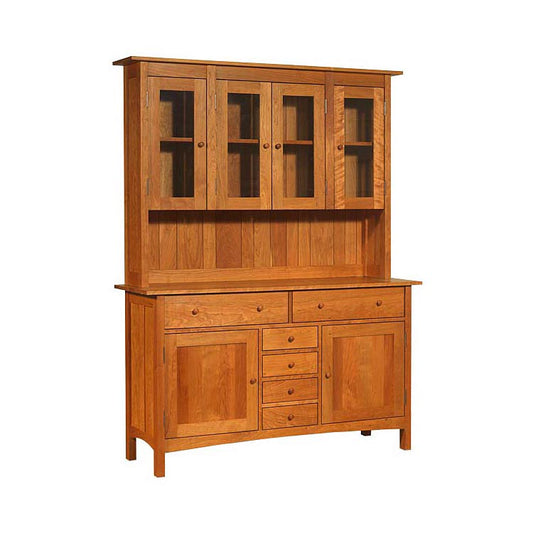 A wooden hutch with glass doors and drawers.