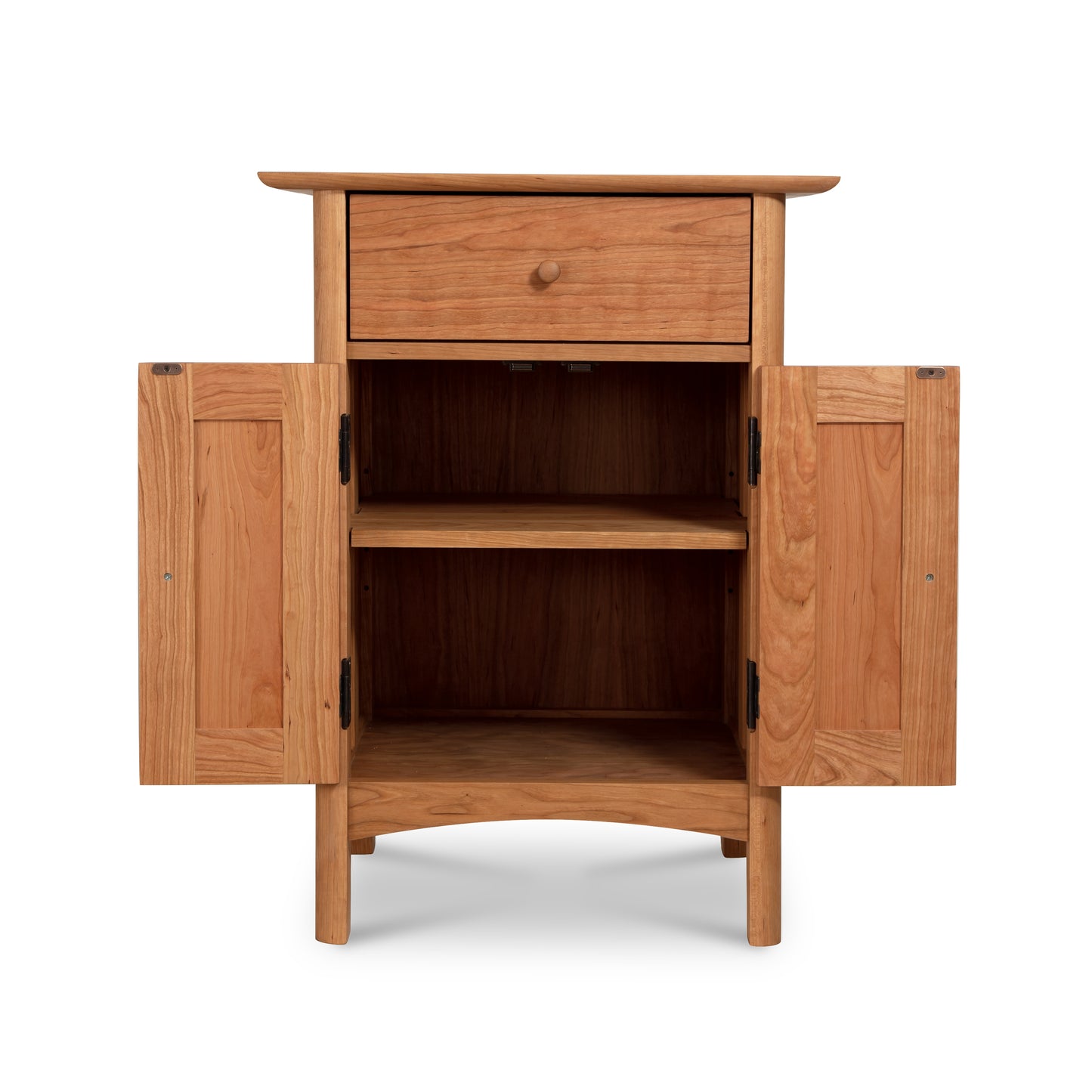 A wooden nightstand with two drawers and an open shelf.