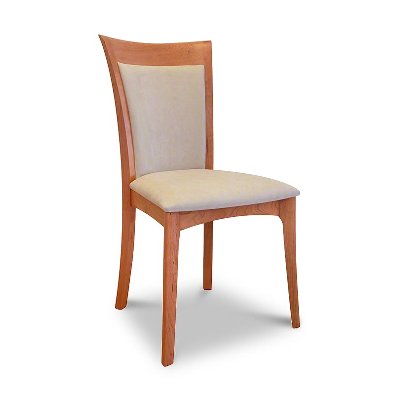 A wooden dining chair with a beige upholstered seat.