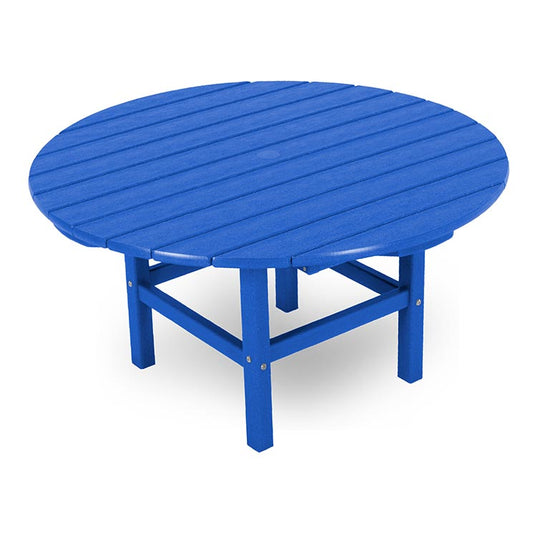 A round blue plastic table on a white background.
