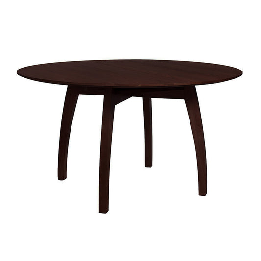 A round dining table with a dark wood base.