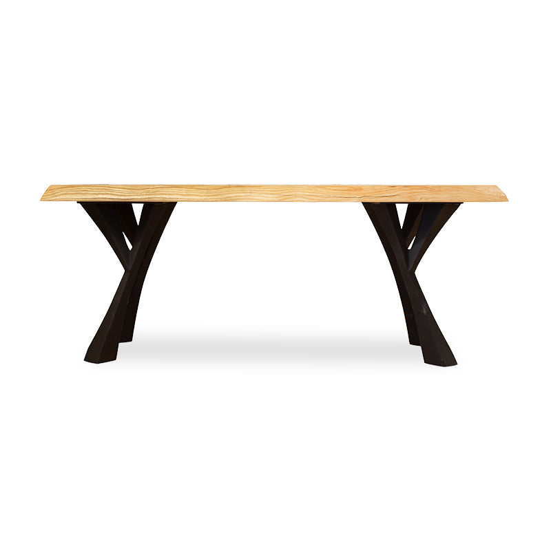 A dining table with black legs and a wooden top.