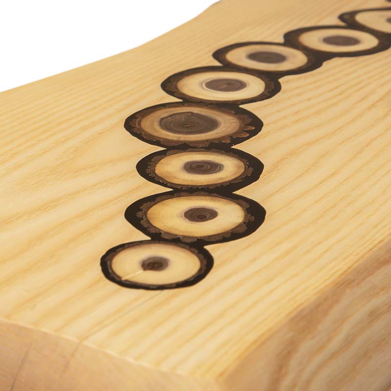 A piece of wood with circles on it.