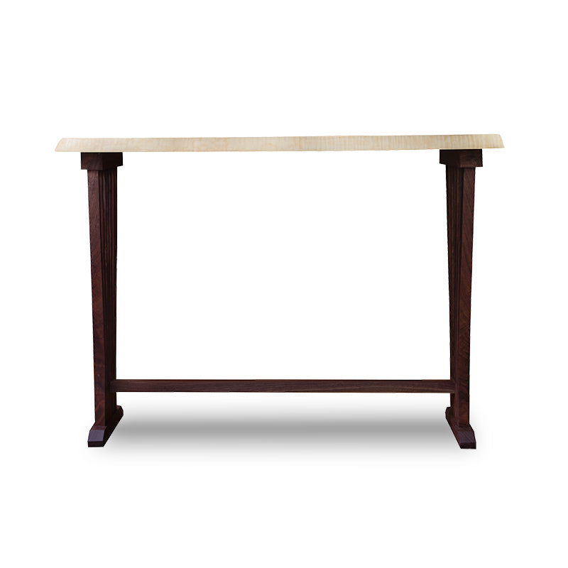 A console table with a wooden top and a wooden base.