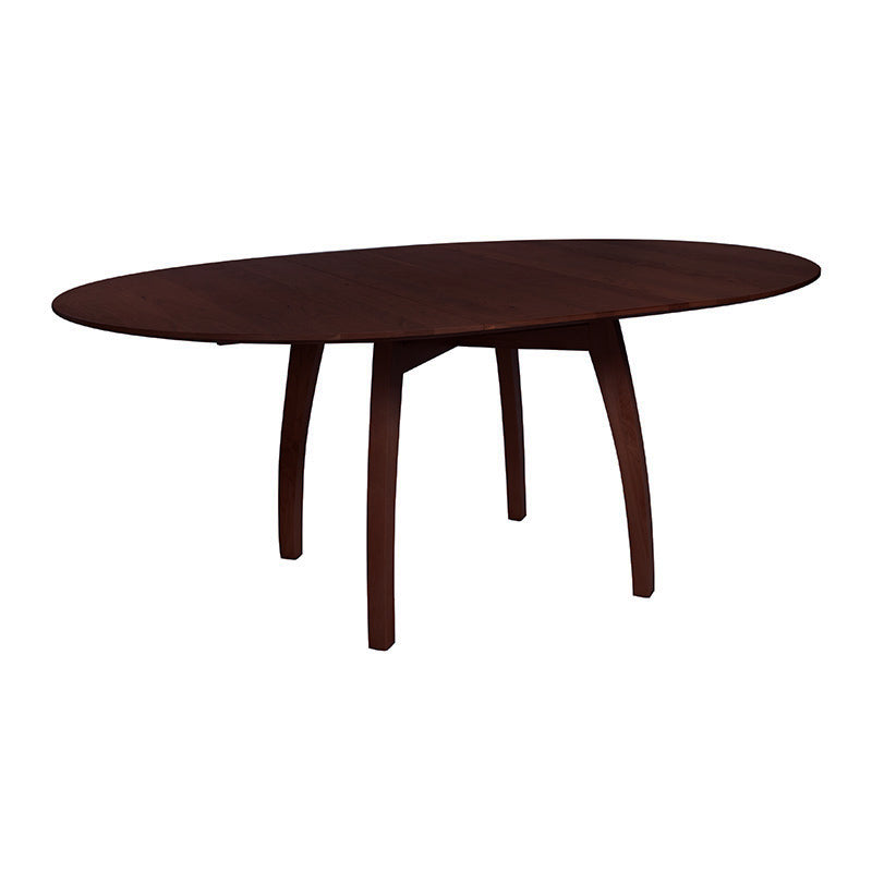 A dark brown oval dining table with a wooden base.